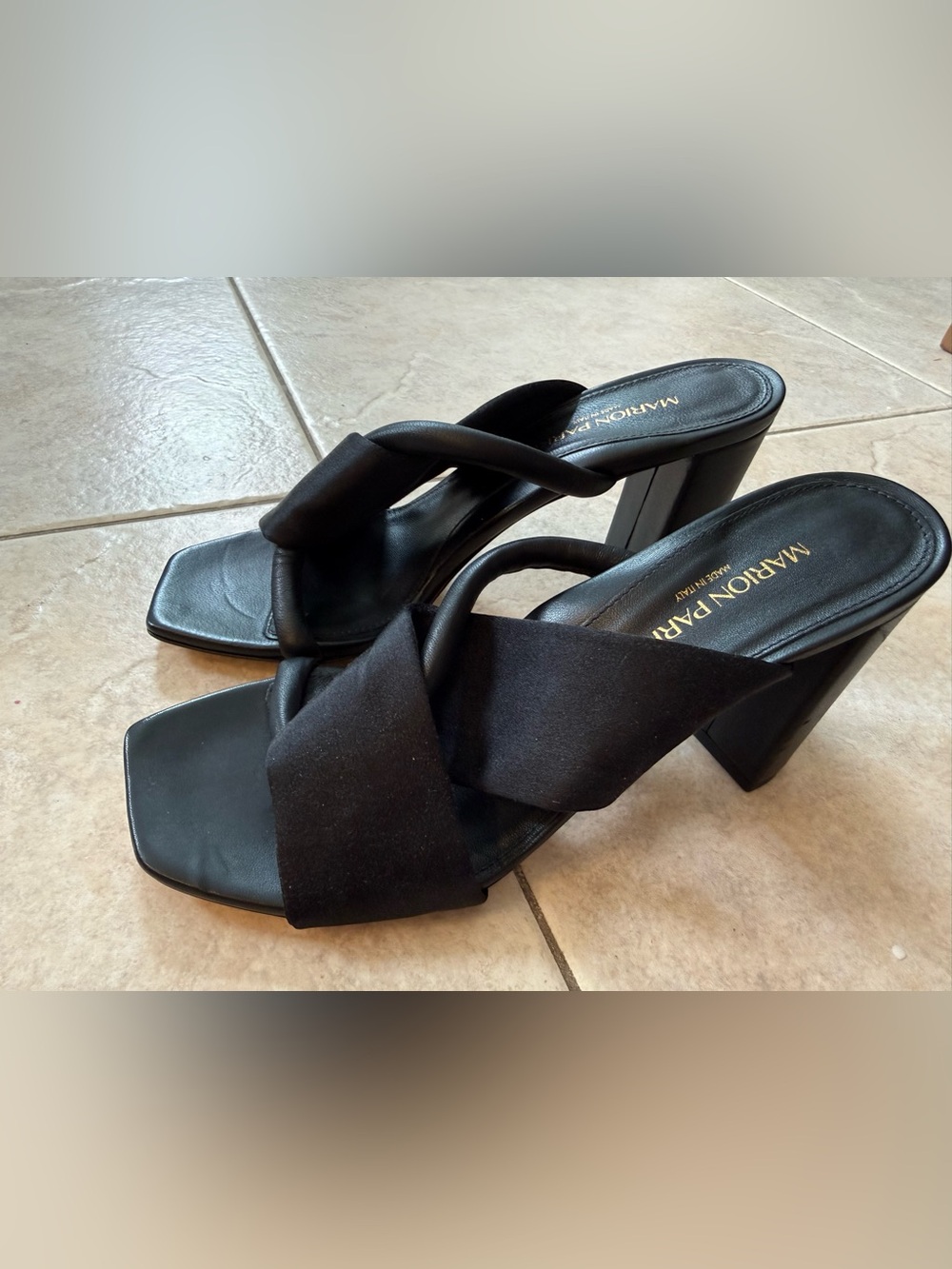 Marion Parke square toe block heel slide sandals luxe black nappa 
leather NEW